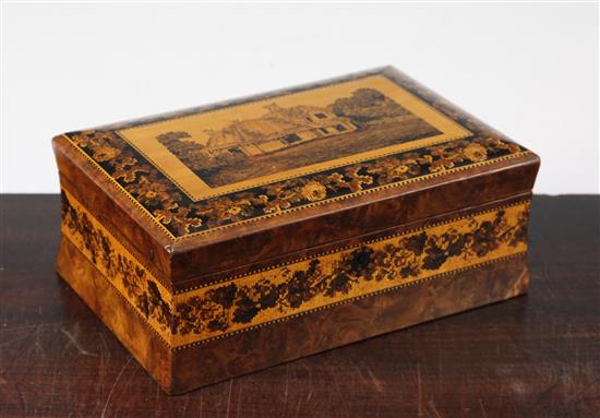 A Tunbridge ware rosewood Glena Cottage jewellery box, 8.25in.